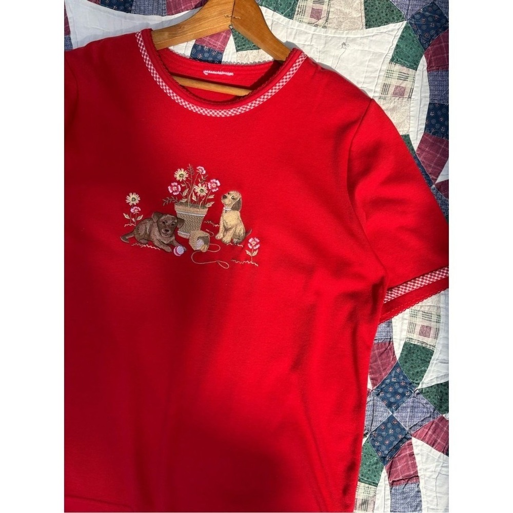 Vintage Puppy Embroidery Graphic Tee TShirt 2X Plus Size 90s Y2K Cottagecore
